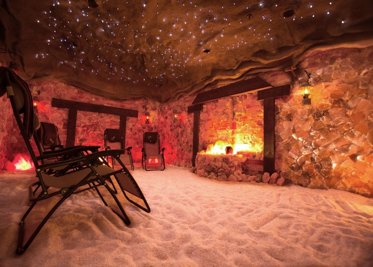 The salt cave room, lined with pink Himalayan salt